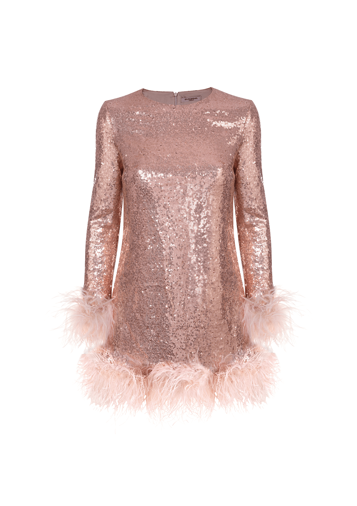 Gilda & Pearl | Seraphina Feather Trim & Sequin Dress | Champagne Pink Gilda & Pearl | Seraphina Feather Trim & Sequin Dress | Champagne Pink