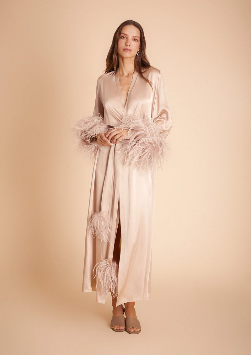 designer sleepwear - luxury silk robe with feathers by Gilda and Pearl