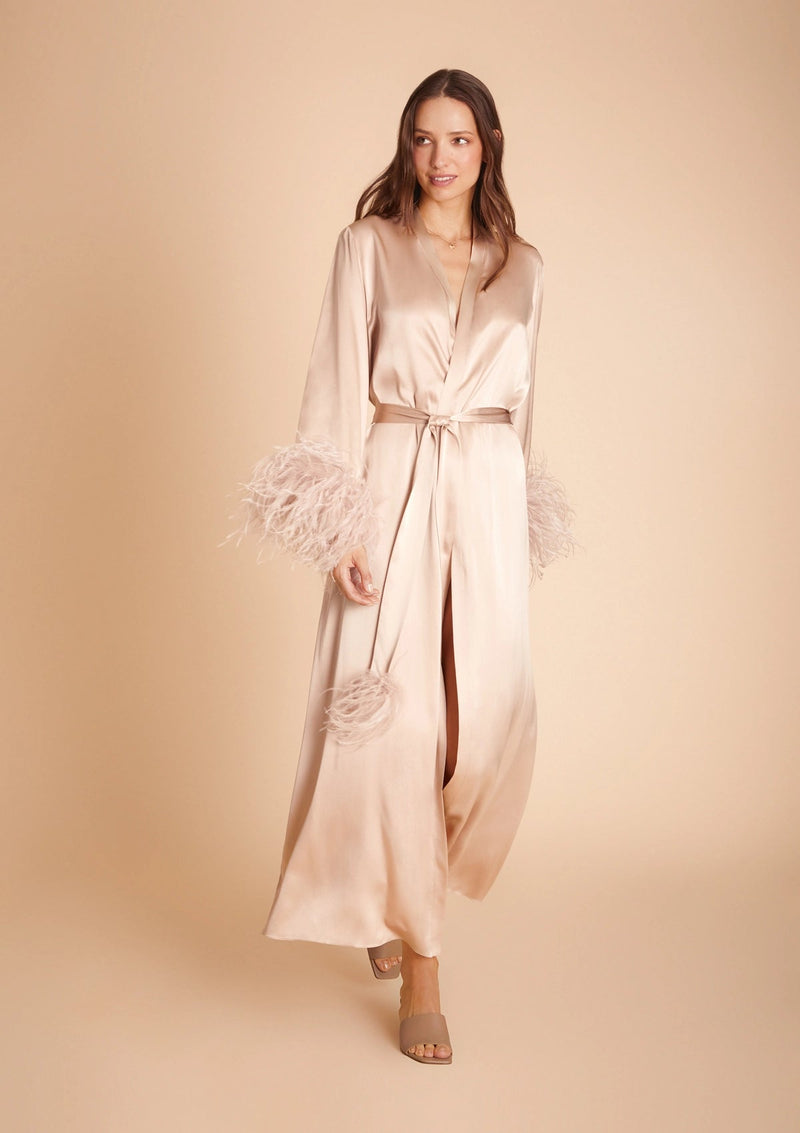 designer sleepwear - luxury silk robe with feathers by Gilda and Pearl