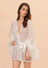 Diana Silk and Marabou Feather Robe in Ivory White