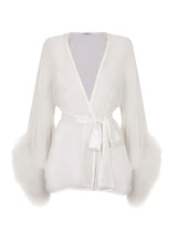 Diana Silk and Marabou Feather Robe in Ivory White