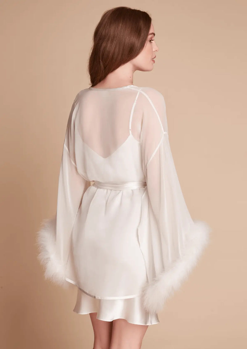 Diana Silk and Marabou Feather Robe in Ivory White