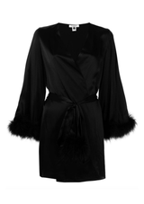 Gilda & Pearl Robe Kitty Feather Trim Silk Robe in Black