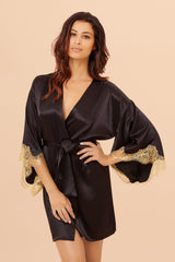 Black luxury silk robe - designer nightwear by gilda and pearl - short kimono style robe with gold lace
