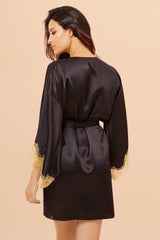 Black luxury silk robe - designer nightwear by gilda and pearl - short kimono style robe with gold lace