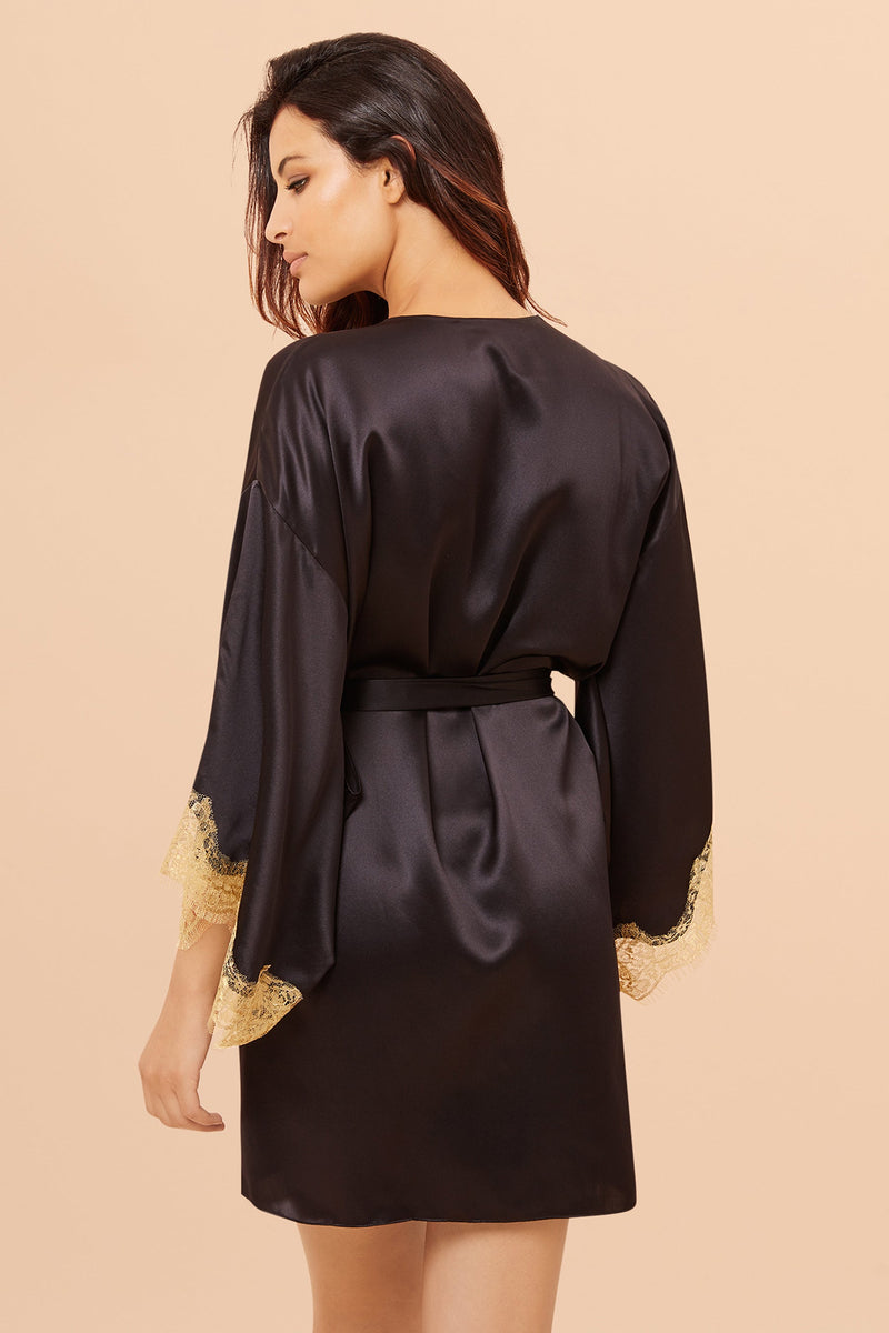 Black luxury silk robe - designer nightwear by gilda and pearl - short kimono style robe with gold lace