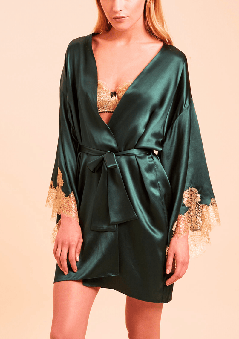 Luxury Nightwear - Emerald Green Silk and Lace Kimono Robe Gilda & Pearl Luxury Nightwear - Emerald Green Silk and Lace Kimono Robe Gilda & Pearl