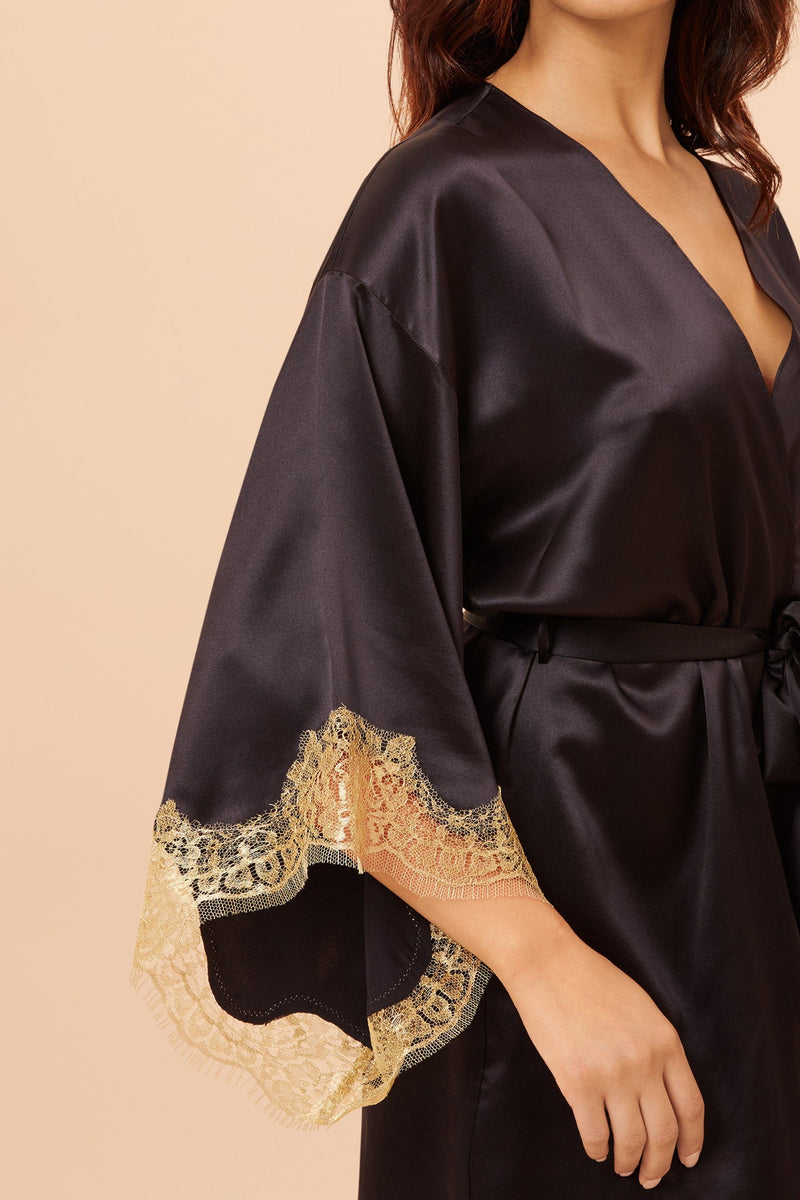 Luxury Kimono Robes - Black Silk and Lace Kimono Robe Gilda & Pearl Luxury Kimono Robes - Black Silk and Lace Kimono Robe Gilda & Pearl