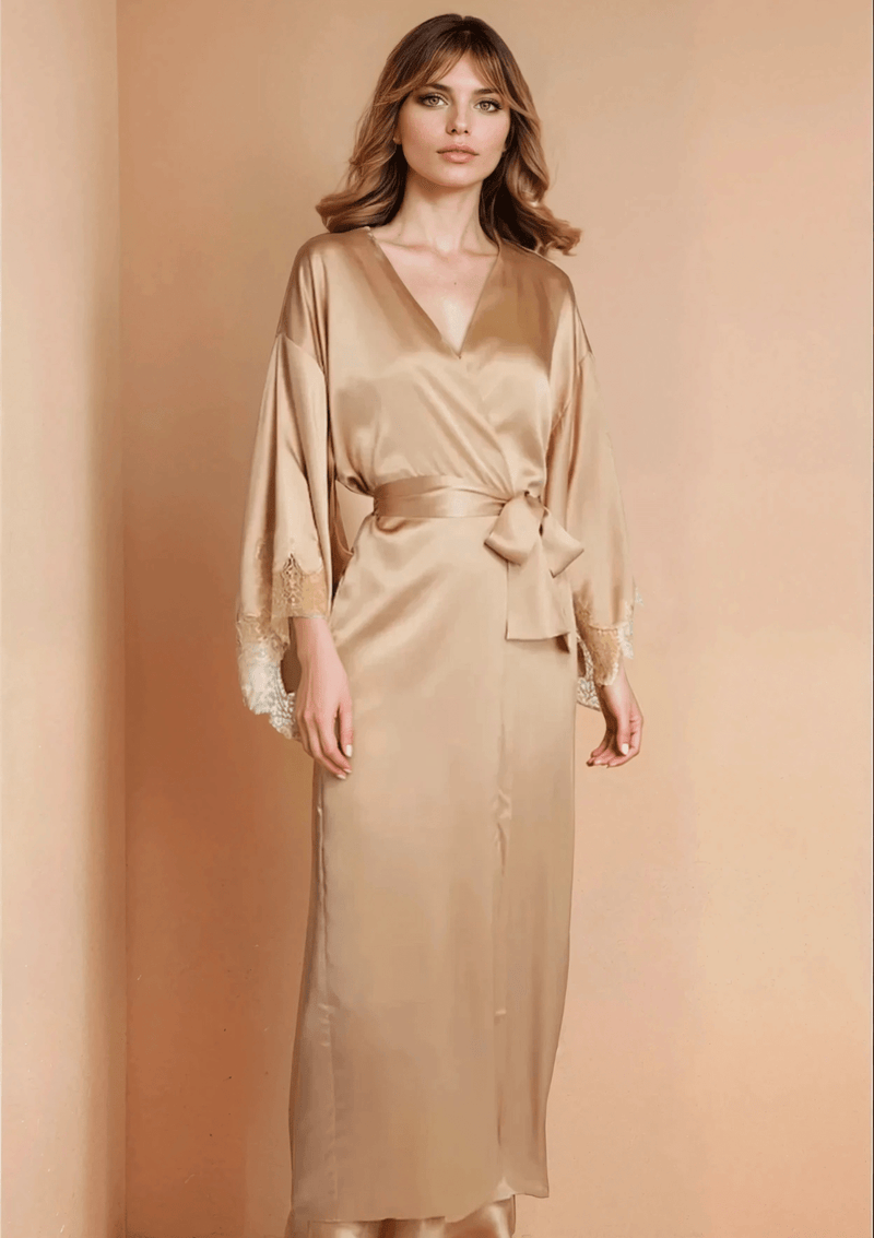 Adonna Gold Robe Long Gold Silk Robe - Luxury Nightwear – Gilda & Pearl