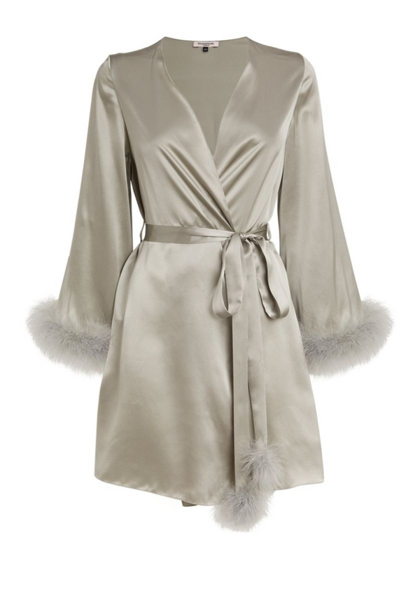 luxury silk robe with feathers - designer nightwear by gilda and pearl
