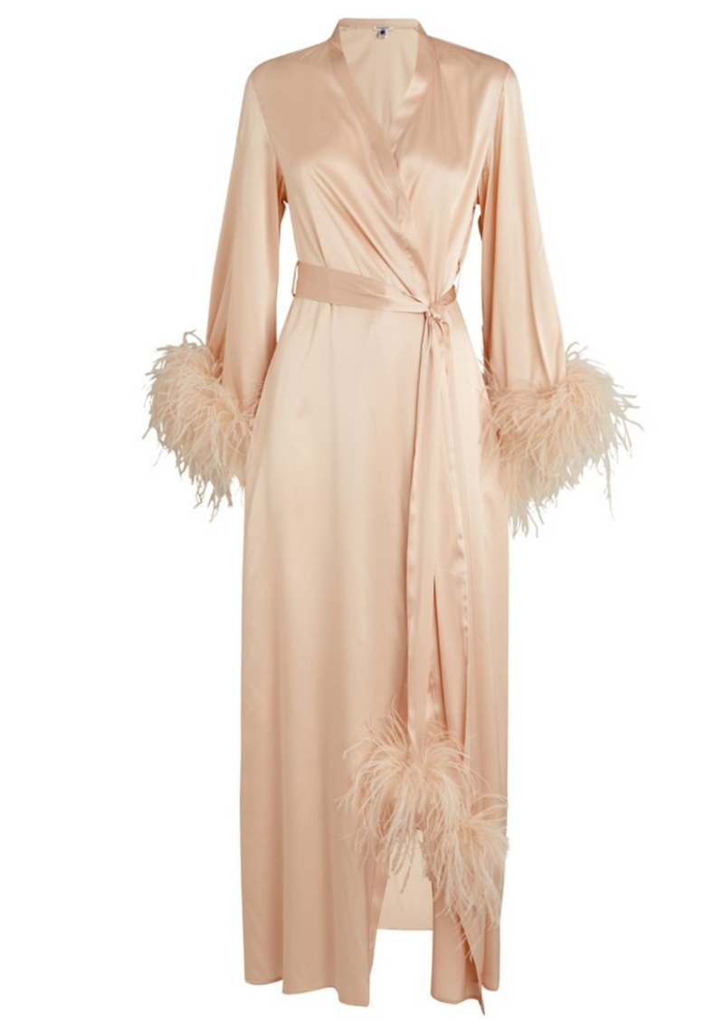 designer sleepwear - luxury silk robe with feathers by Gilda and Pearl