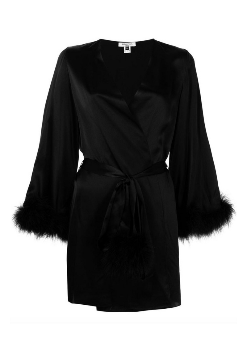 black silk robe with feathers by gilda and pearl - luxury nightwear made in the uk