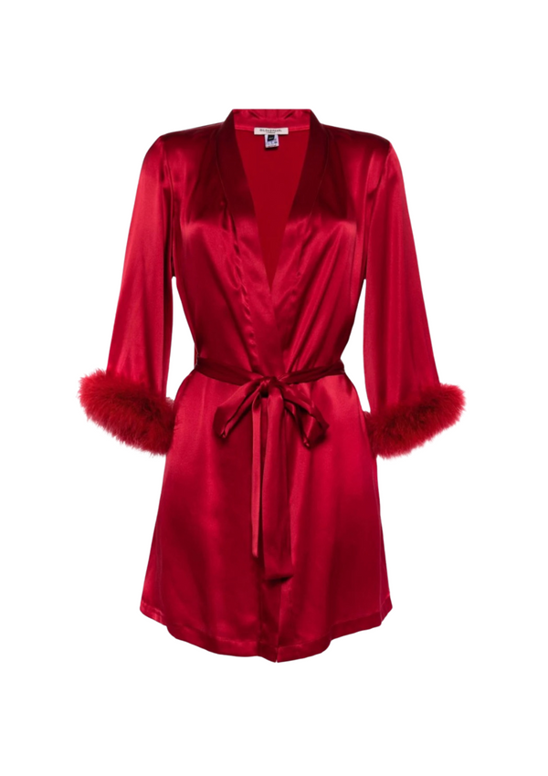 red silk robe with feathers  - luxury sleepwear