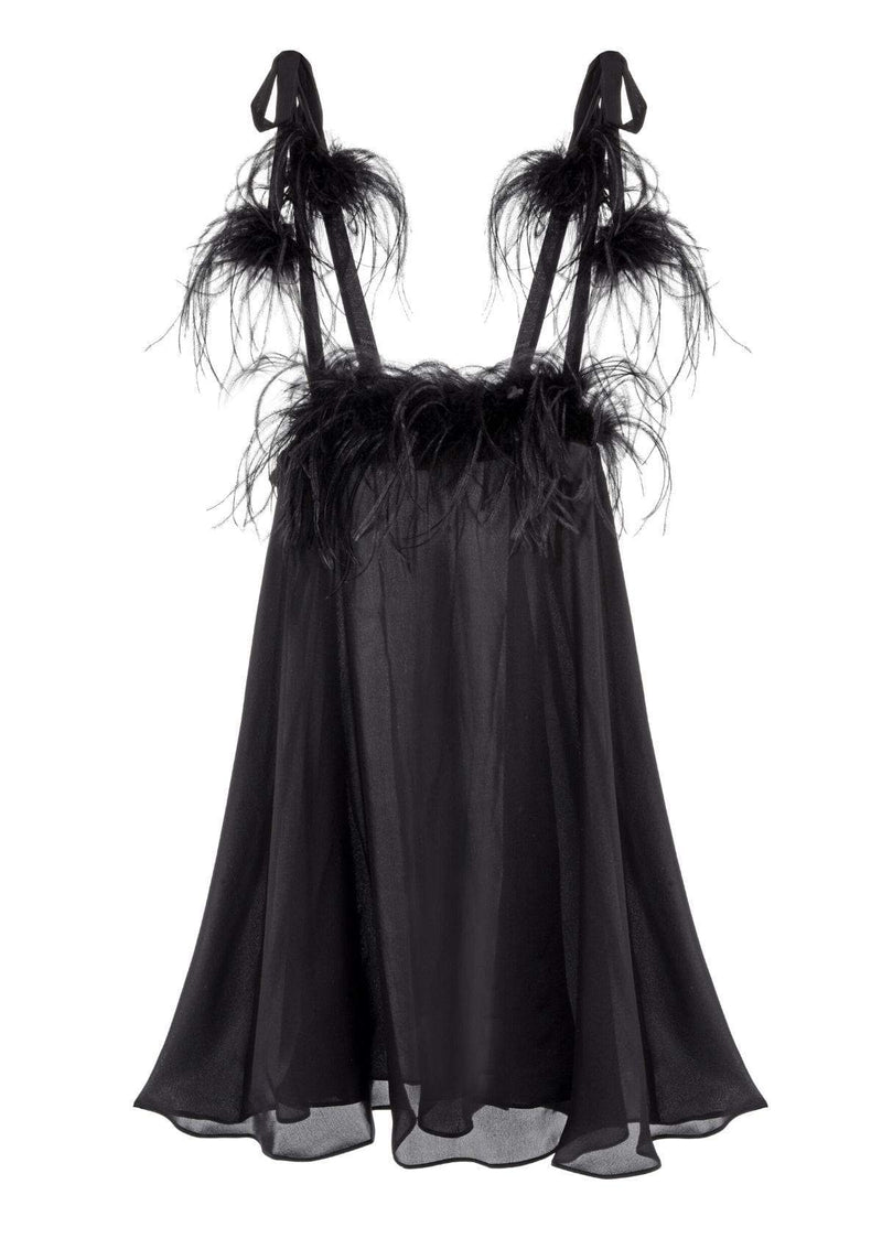 luxury black babydoll dress with feathers. - designer silk nightwear by Gilda & Pearl