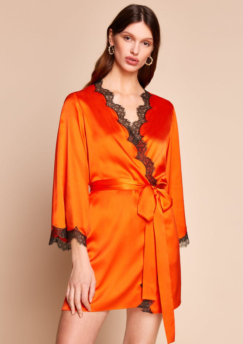 Orange Lace Silk Short Robe by Gilda & Pearl