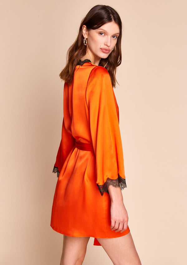 Orange Lace Silk Short Robe by Gilda & Pearl