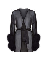 Black Silk Feather Trim Robe by Gilda & Pearl