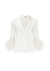 white silk jacket with feathers 