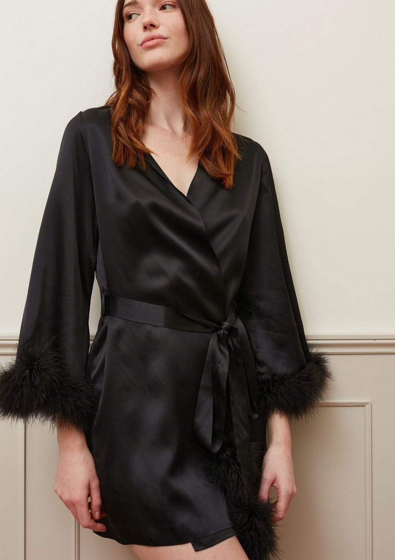 Glamorous Feather Robe Luxury Silk & Feather Robe - Black | Gilda & Pearl