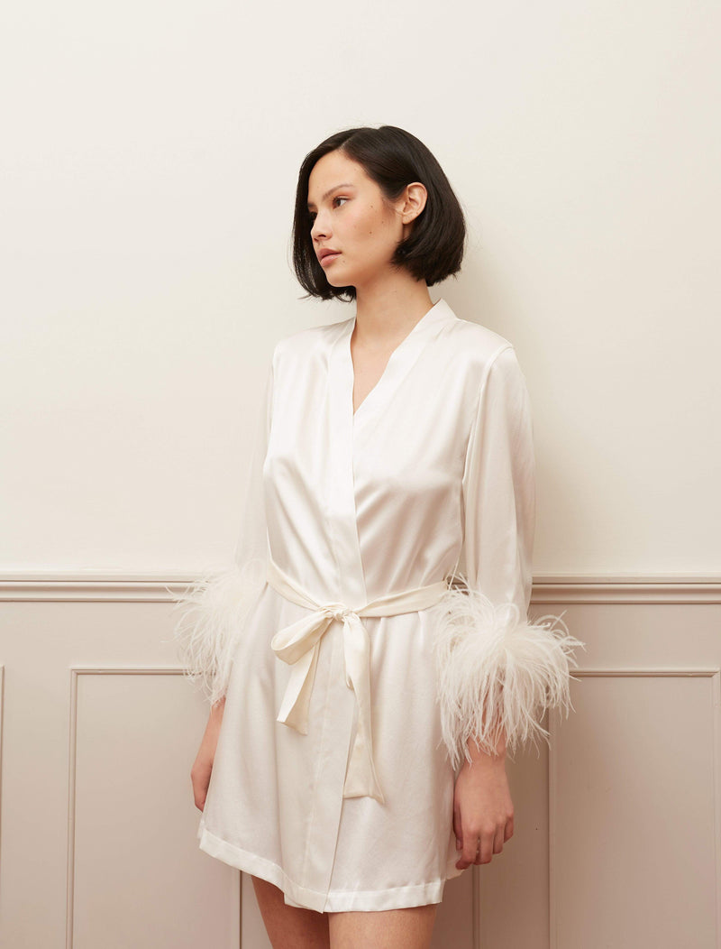 Ivory Silk and Feather Robe by Gilda & Pearl