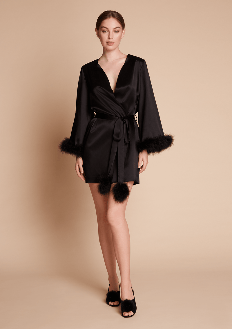 Glamorous Feather Robe Luxury Silk & Feather Robe - Black | Gilda & Pearl