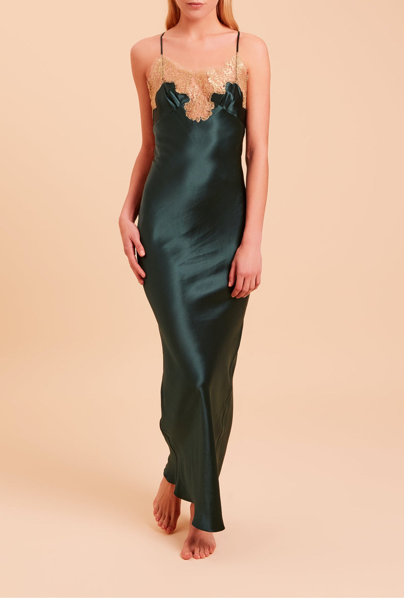 luxury nightwear - mayfair long emerald green slip with gold lace - silk long slips - green silk slip by gilda & pearl