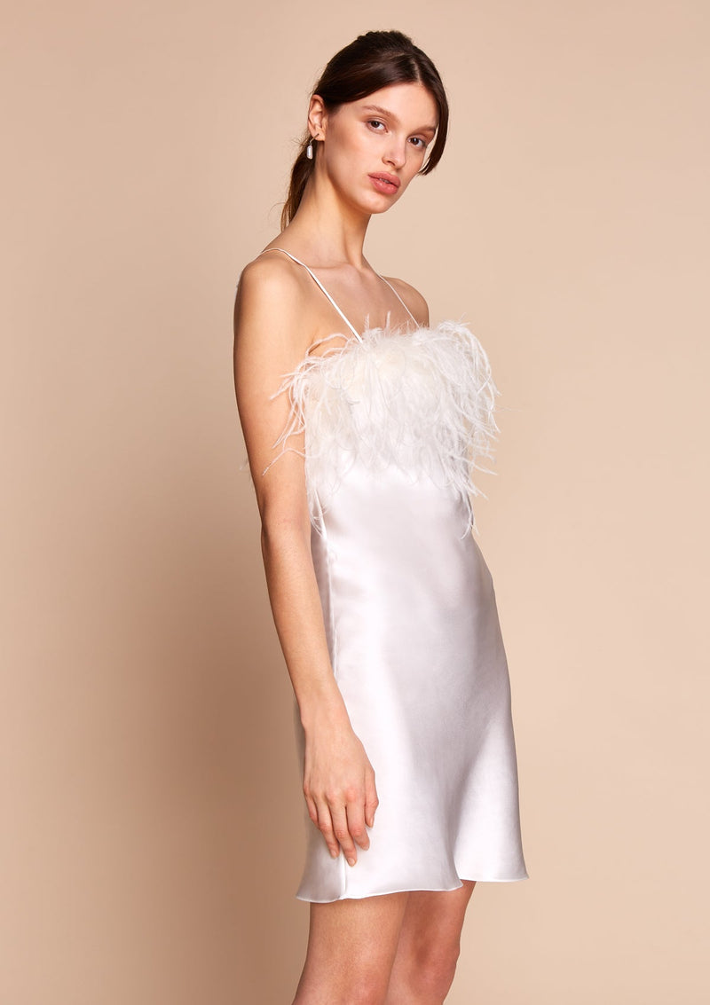 white silk dress with feathers An iconic New Year look White silk dress paired with our signature feather caftan by Maison d'Angelann timeless elegance, pure glamour, and celebration energy in every detail. Available now in