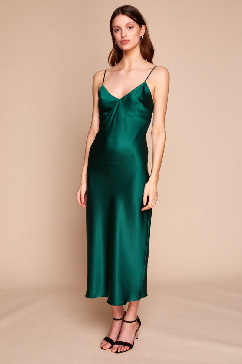 Luxury Midi Silk Slip Dress Emerald Green Gilda Pearl